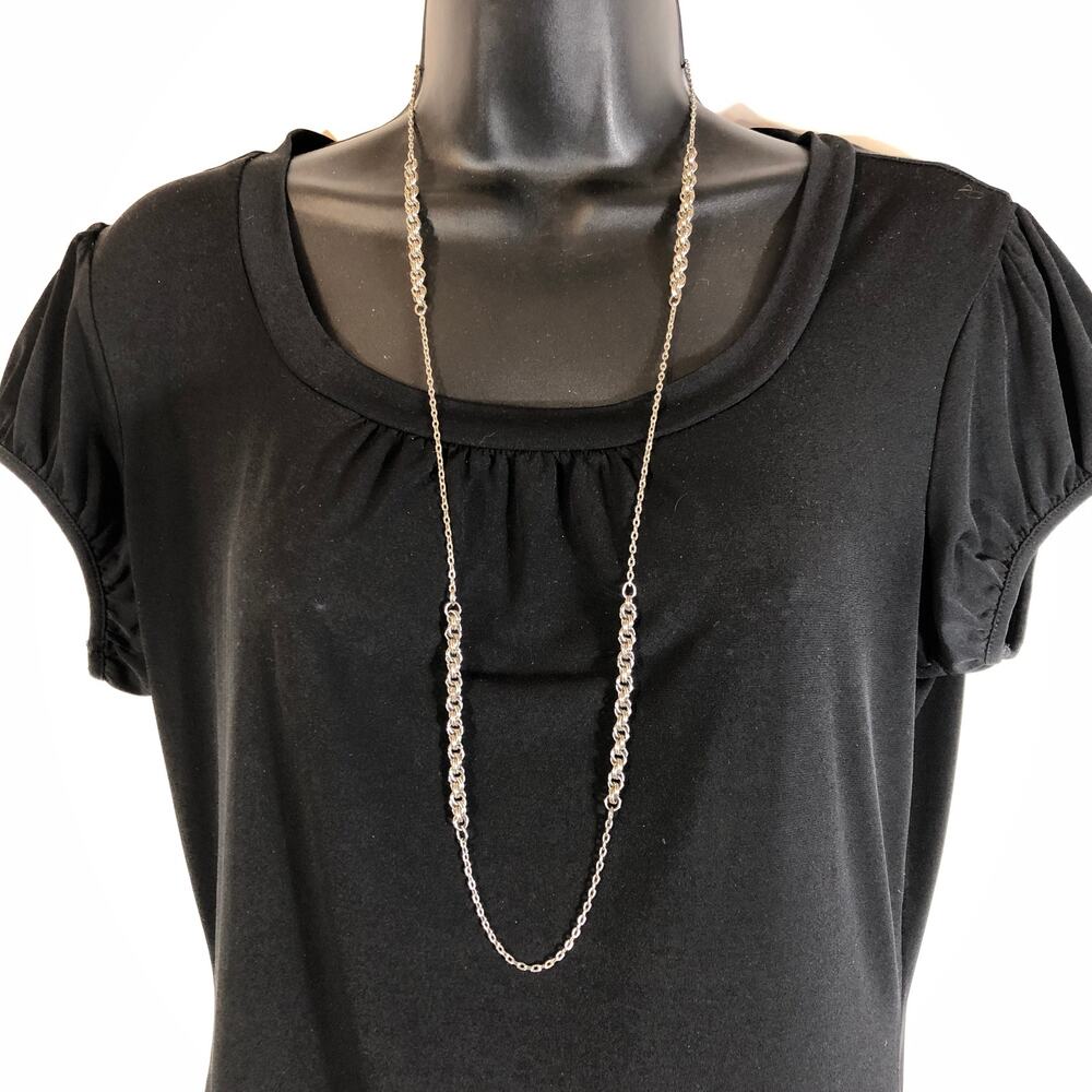 Vintage Silver tone Chain Necklace, 34" Alternating Width Minimalist Statement
